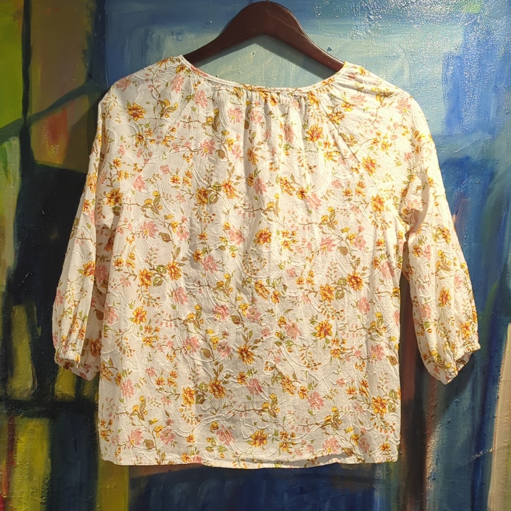 Hester & Orchard Harmony Lace Peasant Blouse W/Ruched Button Front & 3/4 Sleeves - Picture 7 of 16